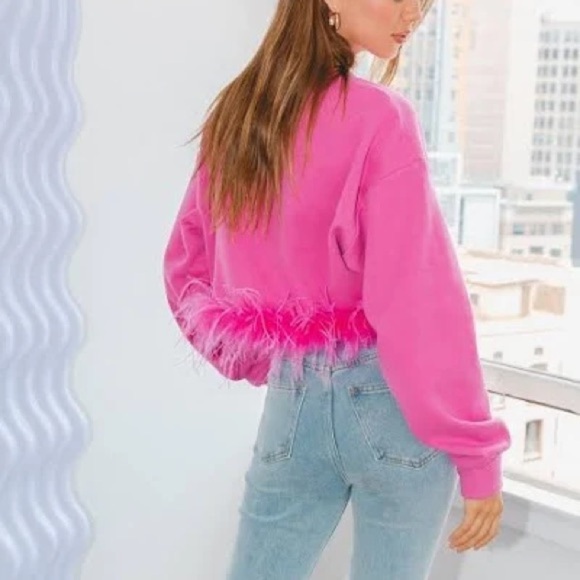 Ella Blu Feather Trim Sweatshirt Pink Women's Size M Crop Pullover Top EUC - Picture 1 of 10